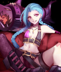 Rule 34 | 1girl, :d, absurdly long hair, absurdres, ammunition, aqua hair, mismatched irises, bandaid, bandaid on knee, bandaid on leg, bandolier, bare shoulders, belt, belt buckle, bikini, bikini top only, black footwear, blue hair, boots, braid, breasts, breasts apart, buckle, bullet, bullet necklace, cannon, cartridge, collarbone, couch, elbow gloves, eyelashes, fingerless gloves, fingernails, fishnet thighhighs, fishnets, gloves, grin, highres, huge weapon, jewelry, jinx (league of legends), knees up, league of legends, lipstick, long hair, low-tied long hair, lying, makeup, midriff, nail polish, navel, necklace, open mouth, pendant, pink eyes, purple thighhighs, rocket launcher, shigure s, short shorts, shorts, single thighhigh, sitting, small breasts, smile, solo, stomach, swimsuit, thighhighs, twin braids, very long hair, weapon