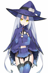 Rule 34 | 1girl, cape, cleavage cutout, clothes lift, clothing cutout, dungeons &amp; princess, elbow gloves, female focus, gloves, hand to own mouth, hat, long hair, looking at viewer, miniskirt, open \m/, panties, silver hair, simple background, skirt, skirt lift, solo, standing, thigh gap, thighhighs, torimaru, underwear, very long hair, white background, witch hat, yellow eyes
