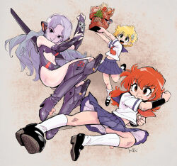 3girls blonde_hair bow bowtie daitokuji_biko flying_kick helmet kicking kiichi kotobuki_shiiko long_hair magami_eiko multiple_girls project_a-ko purple_hair red_hair school_uniform short_hair