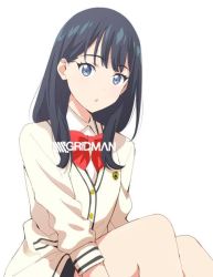 Rule 34 | 10s, 1girl, :o, arm at side, artist request, bare legs, black hair, blouse, blue eyes, bow, bowtie, cardigan, copyright name, female focus, gridman universe, knees up, legs, long hair, long sleeves, looking at viewer, neck, open mouth, red bow, red bowtie, shirt, sidelocks, simple background, sitting, solo, ssss.gridman, takarada rikka, white background, white cardigan, white shirt