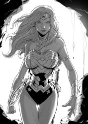 Rule 34 | 1girl, amazon warrior, animification, armlet, armor, arms at sides, backlighting, bare shoulders, breastplate, breasts, breasts apart, cave, choker, cowboy shot, dc comics, greyscale, hendry prasetya, jewelry, lasso, leotard, long hair, monochrome, neck ring, outdoors, rope, solo, standing, sword, tiara, vambraces, weapon, wonder woman, wonder woman (series)