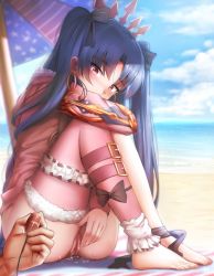 Rule 34 | 1girl, alternate color, alternate costume, arm up, ass, beach, belt, between legs, black bow, black ribbon, blue background, blush, bottomless, bow, censored, cloud, covering own mouth, crown, disembodied limb, earrings, fate/grand order, fate (series), feet, female focus, full body, fur trim, ginhaha, hair bow, hair ornament, half-closed eyes, hand between legs, hood, hoodie, hoop earrings, ishtar (fate), ishtar (swimsuit rider) (fate), jewelry, long hair, long sleeves, looking down, mosaic censoring, ocean, one-piece swimsuit, outdoors, pink eyes, pink hoodie, pink thighhighs, purple hair, pussy, pussy juice, remote control vibrator, ribbon, sex toy, single thighhigh, sitting, sky, solo, swimsuit, thighhighs, towel, twintails, umbrella, vibrator, water, white one-piece swimsuit