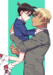 Rule 34 | 2boys, amuro tooru, black-framed eyewear, blazer, blonde hair, blue eyes, blue jacket, bow, bowtie, brown hair, child, closed mouth, collared shirt, commentary request, edogawa conan, eye contact, formal, from side, glasses, green background, grey jacket, grey suit, hair between eyes, hands on another&#039;s shoulders, height difference, hug, jacket, k (gear labo), long sleeves, looking at another, male focus, meitantei conan, multiple boys, profile, red bow, red footwear, red neckwear, serious, shirt, shoes, short hair, smile, sneakers, socks, standing, suit, two-tone background, upper body, white background, white legwear, white shirt