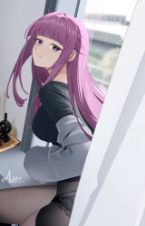Rule 34 | 1girl, black sweater, blunt bangs, closed mouth, fern (sousou no frieren), grey sweater, highres, hunxuemeilin, long hair, looking at viewer, off shoulder, panties, panties under pantyhose, pantyhose, purple eyes, purple hair, solo, sousou no frieren, sweater, underwear, undressing, very long hair, window