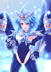 Rule 34 | 1girl, alternate costume, armor, blanc (neptunia), blue hair, cosplay, duel monster, female focus, flat chest, hand on own hip, highres, leotard, mashiroheart, neptune (series), parody, red eyes, short hair with long locks, solo, symbol-shaped pupils, trishula dragon of the ice barrier, white heart (neptunia), yu-gi-oh!