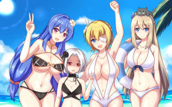 Rule 34 | 4girls, animal, animal on head, arm up, armpits, bikini, black bikini, black choker, black flower, blonde hair, blue eyes, blue hair, blush, breast envy, breasts, choker, clenched hand, collarbone, day, eyepatch, flower, group picture, hair flower, hair intakes, hair ornament, height difference, helena (warship girls r), highres, huge breasts, innertube, large breasts, leaning to the side, lexington (warship girls r), long hair, looking at viewer, low twintails, multiple girls, navel, o-ring, o-ring bikini, ocean, on head, open mouth, outdoors, platinum blonde hair, prince of wales (warship girls r), red eyes, shaded face, short hair, slingshot swimsuit, small breasts, smile, swim ring, swimsuit, twintails, v, very long hair, vittorio veneto (warship girls r), warship girls r, white bikini, white flower, white hair, xiao qi