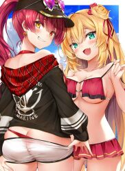 Rule 34 | 2girls, akai haato, akai haato (hololive summer 2019), ass, ass support, bare shoulders, bikini, bikini under clothes, black headwear, black jacket, blonde hair, blue sky, blush, breasts, butt crack, commentary request, earrings, from behind, green eyes, hat, heart, heart-shaped eyewear, highres, hololive, houshou marine, houshou marine (summer), jacket, jewelry, large breasts, long sleeves, looking at viewer, looking back, makinan, multiple girls, off shoulder, open mouth, parted lips, ponytail, red bikini, red eyes, red hair, short shorts, shorts, sky, smile, sunglasses, swimsuit, teeth, virtual youtuber, white shorts, yellow eyes