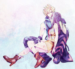 Rule 34 | 1boy, 1girl, apron, armor, bare shoulders, black hair, blonde hair, blood, blue eyes, boots, brown skirt, brown vest, bruise, cloud strife, cowboy boots, crop top, final fantasy, final fantasy vii, final fantasy vii advent children, full body, gloves, hand grab, hand on another&#039;s head, high collar, injury, long hair, maruga, on lap, shoulder armor, sitting, skirt, spiked hair, tifa lockhart, vest, waist apron