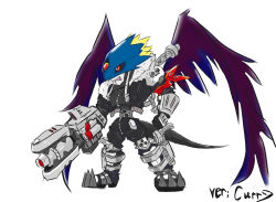 Rule 34 | 1boy, arm cannon, artist name, beelzebumon, beelzebumon blast mode, belt, black wings, cannon, chibi, coat, colored skin, demon, digimon, fangs, fur coat, gauntlets, grey skin, gun, highres, jacket, leather, male focus, mask, monster, no humans, red eyes, seven great demon lords, short hair, shoulder pads, solo, spikes, tail, third eye, weapon, white background, wings