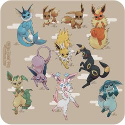 Rule 34 | absurdres, black eyes, blue eyes, brown background, brown eyes, carolina patrao, closed mouth, commentary, creature, creatures (company), eevee, english commentary, espeon, evolution, evolutionary line, flareon, full body, game freak, gen 1 pokemon, gen 2 pokemon, gen 4 pokemon, gen 6 pokemon, glaceon, highres, jolteon, jumping, leafeon, nintendo, open mouth, pokemon, pokemon (creature), purple eyes, red eyes, signature, simple background, standing, sylveon, tongue, tongue out, umbreon, vaporeon, watermark, web address