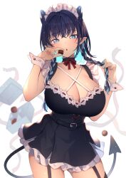 Rule 34 | 1girl, absurdres, belt, blue eyes, blurry, blurry background, braid, breasts, chocolate, cleavage, demon tail, detached collar, garter straps, hase neet, highres, horns, huge breasts, long hair, maid, maid headdress, multicolored hair, original, pointy ears, solo, tail, twin braids, two-tone hair, valentine, wrist cuffs