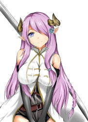 Rule 34 | 10s, 1girl, bare shoulders, belt, black gloves, braid, breasts, cow girl, cow horns, elbow gloves, female focus, gloves, granblue fantasy, hair ornament, hair over one eye, hairclip, highres, horns, isshii13, large breasts, long hair, looking at viewer, narmaya (granblue fantasy), pink hair, pointy ears, purple eyes, simple background, smile, solo, sword, upper body, weapon, white background