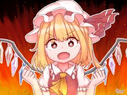 Rule 34 | 1girl, :d, ascot, breasts, bright pupils, fang, fiery background, fire, flandre scarlet, hands up, hat, highres, light particles, looking at viewer, medium hair, mob cap, one side up, open mouth, outline, puffy short sleeves, puffy sleeves, red eyes, red vest, short sleeves, small breasts, smile, solo, touhou, upper body, v-shaped eyebrows, vest, white outline, white pupils, yellow ascot, zanasta0810