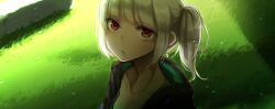 Rule 34 | 1girl, ayakura juu, commentary request, expressionless, grass, jacket, looking at viewer, original, red eyes, side ponytail, solo, upper body, white hair