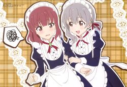 Rule 34 | 2girls, alternate costume, apron, embarrassed, enmaided, grey hair, holding another&#039;s arm, koisuru asteroid, maid, maid apron, maid headdress, mole, morino mari, multiple girls, official art, open mouth, red hair, sakurai mikage