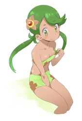 Rule 34 | 1girl, :&gt;, bare legs, bare shoulders, between legs, bikini, blush, bra, bra pull, breasts, cleavage, closed mouth, clothes pull, creatures (company), dark-skinned female, dark skin, floral print, game freak, gen 1 pokemon, green bikini, green eyes, green hair, hair ornament, hand between legs, legs, mallow (pokemon), navel, nintendo, ookamiuo, pokemon, pokemon (anime), pokemon (creature), pokemon sm, pokemon sm (anime), simple background, sitting, small breasts, smile, solo, staryu, stomach, strapless, swept bangs, swimsuit, trial captain, tube top, twintails, underwear, white background