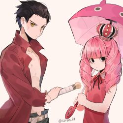 Rule 34 | 1boy, 1girl, belt, black hair, blunt bangs, commentary, crown, dracule mihawk, dress, drill hair, eyelashes, forehead, from side, hair slicked back, holding, holding sword, holding umbrella, holding weapon, joman, long sleeves, looking at viewer, mini crown, one piece, perona, pink hair, red shirt, shirt, simple background, sword, twintails, umbrella, weapon, white background, yellow eyes