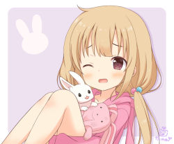 Rule 34 | 1girl, animal, animal hood, animal print, blush, brown eyes, collarbone, commentary request, futaba anzu, hair bobbles, hair ornament, hood, hoodie, idolmaster, idolmaster cinderella girls, idolmaster cinderella girls starlight stage, kaiware-san, light brown hair, long hair, low twintails, one eye closed, open mouth, pink hoodie, purple background, rabbit, rabbit hood, rabbit print, signature, sitting, solo, stuffed animal, stuffed rabbit, stuffed toy, tareme, twintails
