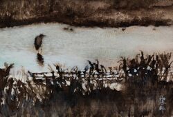 animal bird dead_plants grass highres landscape no_humans obanyaki original painting_(medium) pond river riverbank traditional_media water watercolor_(medium)