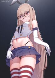 Rule 34 | 1girl, absurdres, alternate costume, armpit crease, blonde hair, blush, breasts, commission, cosplay, crop top, elbow gloves, frown, g-string, girls&#039; frontline, gloves, groin, highres, kantai collection, kkam-sang, long hair, miniskirt, navel, orange eyes, round eyewear, shimakaze (kancolle), shimakaze (kancolle) (cosplay), sideboob, skirt, sleeveless, small breasts, solo, striped clothes, striped thighhighs, thighhighs, thong, type 80 (girls&#039; frontline), very long hair
