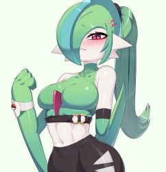Rule 34 | 1girl, alternate hair length, alternate hairstyle, arm behind back, arm blade, bare shoulders, black skirt, blue hair, blush, breasts, clenched hand, closed mouth, clothing cutout, colored skin, covered collarbone, creatures (company), crop top, drunkoak, elbow gloves, embarrassed, female focus, gallade, game freak, gen 4 pokemon, genderswap, genderswap (mtf), gloves, green background, green gloves, green hair, green shirt, green theme, hair over one eye, hair tie, half-closed eyes, hand up, highres, long hair, looking at viewer, medium breasts, midriff, mohawk, navel, nintendo, nose blush, o-ring, o-ring top, one eye covered, poke ball symbol, pokemon, pokemon (creature), ponytail, red eyes, shirt, simple background, skindentation, skirt, sleeveless, sleeveless shirt, solo, stomach, toned, weapon, white skin, wide hips