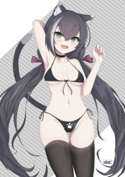 Rule 34 | 1girl, absurdres, animal ear fluff, animal ears, areola slip, bare shoulders, bikini, black bikini, black choker, black hair, black thighhighs, blush, breasts, cat ears, cat girl, cat tail, choker, collarbone, commentary request, green eyes, hair between eyes, highres, karyl (princess connect!), long hair, looking at viewer, low twintails, multicolored hair, navel, open mouth, paw print, princess connect!, sato art, solo, streaked hair, swimsuit, tail, thighhighs, twintails, very long hair, white hair