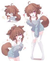 Rule 34 | 1girl, absurdres, ahoge, animal ears, blue sweater, brown hair, chibi, dog ears, dog girl, dog tail, doughnut, emi (vtuber), fang, food, full body, heart, heterochromia, highres, honyang, indie virtual youtuber, loose thighhigh, mouth hold, no pants, o o, open mouth, short hair, sleeves past wrists, smile, sweater, tail, thighhighs, two side up, v, virtual youtuber, white thighhighs