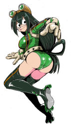 Rule 34 | 10s, 1girl, ass, asui tsuyu, bodysuit, boku no hero academia, boots, breasts, eyelashes, gloves, goggles, hair between eyes, legs, long hair, solo, split-toe footwear, thigh boots, thighhighs