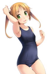 Rule 34 | 1girl, blonde hair, blue one-piece swimsuit, cowboy shot, flat chest, green eyes, hair ornament, highres, long hair, looking at viewer, old school swimsuit, one-piece swimsuit, open mouth, original, school swimsuit, shibacha (shibacha 0728), simple background, smile, solo, swimsuit, thigh gap, twintails, white background