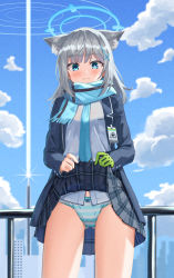 Rule 34 | 1girl, absurdres, animal ear fluff, animal ears, black jacket, blazer, blue archive, blue sky, blush, bow, bow panties, breast pocket, closed mouth, clothes lift, cloud, commentary request, cowboy shot, extra ears, gloves, gluteal fold, hair ornament, hairclip, halo, happycloud, highres, holding, jacket, lifted by self, long sleeves, looking at viewer, medium hair, necktie, panties, pantyshot, plaid, plaid skirt, pleated skirt, pocket, railing, scarf, shiroko (blue archive), shirt, sidelocks, single glove, skirt, skirt lift, sky, solo, standing, thighs, underwear