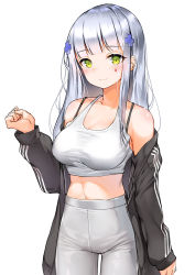 Rule 34 | 1girl, bare shoulders, black jacket, blush, breasts, closed mouth, collarbone, cowboy shot, crop top, dduck kong, facial mark, girls&#039; frontline, green eyes, hair ornament, hand up, highres, hk416 (girls&#039; frontline), jacket, long hair, long sleeves, medium breasts, midriff, navel, off shoulder, open clothes, open jacket, pants, shirt, silver hair, simple background, smile, solo, tank top, very long hair, white background, white pants, white shirt