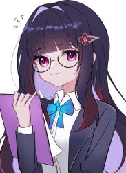Rule 34 | 1girl, black jacket, blazer, blue ribbon, blunt bangs, clipboard, closed mouth, collared shirt, colored inner hair, glasses, gradient hair, hair intakes, hair ornament, hairclip, highres, holding, holding clipboard, honkai: star rail, honkai (series), jacket, long hair, multicolored hair, neck ribbon, notice lines, open clothes, open jacket, pink eyes, purple hair, red hair, ribbon, school uniform, shino (uqwjl), shirt, sidelocks, simple background, smile, solo, sparkle (honkai: star rail), straight hair, upper body, white background, white shirt