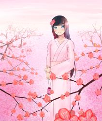Rule 34 | 1girl, absurdres, aqua eyes, artist name, artist request, black hair, blunt bangs, branch, breasts, female focus, floral print, flower, flower print, green eyes, hair flower, hair ornament, highres, hime cut, holding, japanese clothes, kimono, kimono skirt, kurosawa dia, long hair, looking at viewer, love live!, love live! sunshine!!, mole, mole under mouth, obi, outdoors, own hands together, pink corset, pink flower, pink kimono, red flower, sash, small breasts, solo, tree