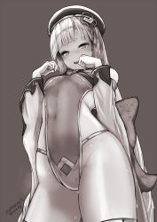 Rule 34 | 1girl, bare shoulders, beret, blunt bangs, blush, braid, breasts, covered navel, detached sleeves, erune, eyeliner, granblue fantasy, grey background, greyscale, hands up, hat, highleg, highleg leotard, highres, leotard, long hair, looking at viewer, makeup, monochrome, nosuku, open mouth, paw pose, pholia, short eyebrows, simple background, small breasts, smile, solo, thighs, very long hair, wide sleeves