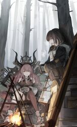 Rule 34 | 2girls, absurdres, arknights, arrow (projectile), backpack, bag, bare tree, black dress, boots, bow (weapon), brown hair, brown socks, brown thighhighs, campfire, coat, collar, commentary, cup, dress, fire, from side, full body, grey sky, highres, holding, holding cup, horns, jacket, long hair, long sleeves, magallan (arknights), multicolored hair, multiple girls, muted color, nueegochi, off shoulder, open mouth, outdoors, parted lips, purple eyes, purple hair, quiver, short hair, single thighhigh, sky, sleeping bag, smile, socks, spread legs, steam, streaked hair, thighhighs, tree, typhon (arknights), weapon, white coat, white footwear, white hair, white jacket
