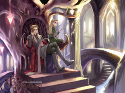 Rule 34 | 2boys, aged down, animification, artist name, blonde hair, blue eyes, boots, bow (weapon), crown, elf, father and son, kagalin, king, legolas, long hair, middle earth, multiple boys, pointy ears, prince, sitting, the hobbit, the lord of the rings, thranduil, throne, tolkien&#039;s legendarium, tolkien's legendarium, watermark, weapon, web address