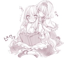 Rule 34 | 2girls, ^^^, alice margatroid, bad id, bad pixiv id, biting, blush, bow, capelet, closed eyes, dress, ear biting, frilled hairband, frills, hair between eyes, hair bow, hairband, kirisame marisa, long hair, monochrome, multiple girls, nanase nao, open mouth, puffy short sleeves, puffy sleeves, shoes, short sleeves, simple background, sitting, surprised, touhou, translation request, very long hair, wavy mouth, white background, yuri