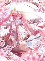 Rule 34 | 1girl, absurdres, blurry, blurry foreground, cherry blossoms, cherry hair ornament, collar, collared shirt, crying, day, detached sleeves, food-themed hair ornament, hair ornament, hatsune miku, highres, in tree, light rays, long hair, long sleeves, outdoors, petals, pink eyes, pink hair, pink nails, pink skirt, pleated skirt, reaching, reaching towards viewer, sakura miku, shirt, sitting, sitting in tree, skirt, solo, sunbeam, sunlight, tree, twintails, user azkf8572, vocaloid, white shirt