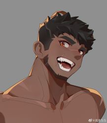 Rule 34 | 1boy, :d, absurdres, animal ears, bara, bear ears, beard, dark-skinned male, dark skin, duduniaogu, facial hair, fangs, head tilt, highres, looking at viewer, male focus, muscular, muscular male, nude, open mouth, original, pectorals, portrait, scar, scar on face, scar on mouth, short hair, sideburns, smile, solo, thick eyebrows