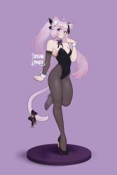 Rule 34 | 1girl, absurdres, ahoge, animal ears, artist name, bad id, bad twitter id, bare shoulders, breasts, cat ears, cat girl, cat tail, covered navel, detached collar, detached sleeves, full body, hair between eyes, high heels, highres, leotard, long hair, looking at viewer, nyatasha nyanners, pantyhose, pink hair, purple background, simple background, single sleeve, small breasts, smile, solo, strapless, strapless leotard, strawfanta, tail, thighs, twintails, virtual youtuber, vshojo, watermark, wrist cuffs