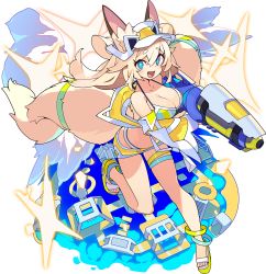 Rule 34 | + +, 1girl, animal ear fluff, animal ear headwear, animal ears, anklet, artist request, bare shoulders, bikini, bikini skirt, blonde hair, blue eyes, blue ribbon, blush, breasts, cleavage, cloud, collarbone, day, fake animal ears, fang, female focus, fox ears, fox girl, fox tail, from above, full body, green ribbon, gun, hair between eyes, happy, hat, highres, holding, holding gun, holding weapon, inaho (world flipper), jewelry, large breasts, leg up, light blush, long hair, long sleeves, looking at viewer, microskirt, midair, multicolored bikini, multicolored clothes, multiple tails, non-web source, ocean, off shoulder, official alternate costume, official art, open mouth, outdoors, pencil skirt, ribbon, sandals, see-through, sidelocks, skirt, smile, solo, sparkle, swimsuit, tail, tail ornament, tail ribbon, thigh strap, transparent background, two-handed, two tails, visor cap, water, water gun, weapon, white hat, world flipper, yellow footwear, yellow skirt