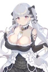 Rule 34 | 1girl, azur lane, breasts, cleavage, earrings, formidable (azur lane), frills, grey hair, hair ribbon, highres, jewelry, kisahipi, large breasts, long hair, red eyes, ribbon, solo, twintails, two-tone dress