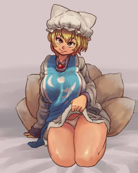 Rule 34 | 1girl, bare legs, blonde hair, blush, breasts, chanta (ayatakaoisii), clothes lift, curvy, dress, dress lift, female focus, fox tail, hat, highres, huge breasts, kneeling, large breasts, looking at viewer, mob cap, multiple tails, panties, short hair, simple background, smile, solo, tabard, tail, thick thighs, thighs, touhou, underwear, white panties, wide hips, yakumo ran, yellow eyes