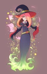 Rule 34 | 1girl, candle, commentary, floating, glowing, grin, hair over one eye, half-closed eyes, hassysoda, hat, highres, little witch academia, long hair, luna nova school uniform, magic, mushroom, pages, paper, pink hair, red eyes, robe, school uniform, simple background, sky, smile, solo, sparkle, star (symbol), sucy manbavaran, very long sleeves, wax, witch, witch hat