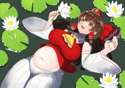Rule 34 | 1girl, ascot, blush, bow, breasts, brown eyes, brown hair, collared shirt, commentary request, cookie (touhou), cowboy shot, detached sleeves, floating, flower, frilled bow, frilled hair tubes, frilled shirt collar, frills, hair bow, hair tubes, hakurei reimu, holding, holding flower, kanna (cookie), large breasts, lily pad, long hair, lotus, mo-fu, navel, open mouth, plump, red bow, red shirt, ribbon-trimmed sleeves, ribbon trim, shirt, shorts, sidelocks, sleeveless, sleeveless shirt, smile, solo, touhou, water, white flower, white shorts, white sleeves, wide sleeves, yellow ascot
