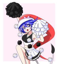 Rule 34 | 1girl, alternate costume, black shirt, blue eyes, blue hair, bow, cheerleader, doremy sweet, hat, highres, holding, holding pom poms, looking at viewer, navel, nightcap, open mouth, pink bow, pom pom (cheerleading), pom pom (clothes), pom poms, red hat, shirt, short hair, simple background, skirt, solo, tail, tapir tail, touhou, white background, white skirt, zenji029