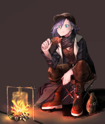 Rule 34 | 1girl, absurdres, aqua eyes, boots, brown vest, campfire, canteen, coat, cooking, eating, female focus, fire, food, full body, girls&#039; frontline, hair over one eye, hat, highres, holding, holding food, holding knife, jacket, knife, leather, leather jacket, limpingpenguin, meat, mg5 (girls&#039; frontline), night, official alternate costume, open clothes, open jacket, pants, pot, purple hair, scarf, shadow, shirt, sitting, solo, vest