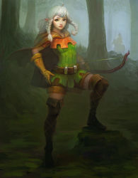 Rule 34 | 1girl, absurdres, belt, boots, bow (weapon), braid, caoyao, cloak, dragon&#039;s crown, elf (dragon&#039;s crown), gloves, green eyes, hand on own hip, highres, lips, pointy ears, shorts, silver hair, solo, thigh boots, thighhighs, twin braids, weapon