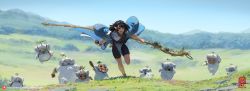 Rule 34 | 1girl, :d, black eyes, black hair, bodysuit, bodysuit under clothes, day, fantasy, grass, highres, holding, holding staff, kan liu (666k), looking at viewer, mask, medium hair, mountainous horizon, multiple others, on grass, open mouth, original, outdoors, pointy ears, robe, running, scenery, short sleeves, smile, staff, wide sleeves