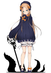 Rule 34 | 1girl, abigail williams (fate), arms at sides, black bow, black footwear, black hat, blonde hair, bloomers, blue dress, blue eyes, blush, bow, dress, fate/grand order, fate (series), fedora, footwear bow, forehead, frilled sleeves, frills, full body, hair bow, hat, head tilt, highres, key, light frown, long hair, long sleeves, looking at viewer, mary janes, nagatani (nagata2), no shoes, orange bow, parted bangs, puffy long sleeves, puffy sleeves, shoes, sidelocks, simple background, sleeves past fingers, sleeves past wrists, solo, standing, straight hair, tentacles, underwear, very long hair, white background